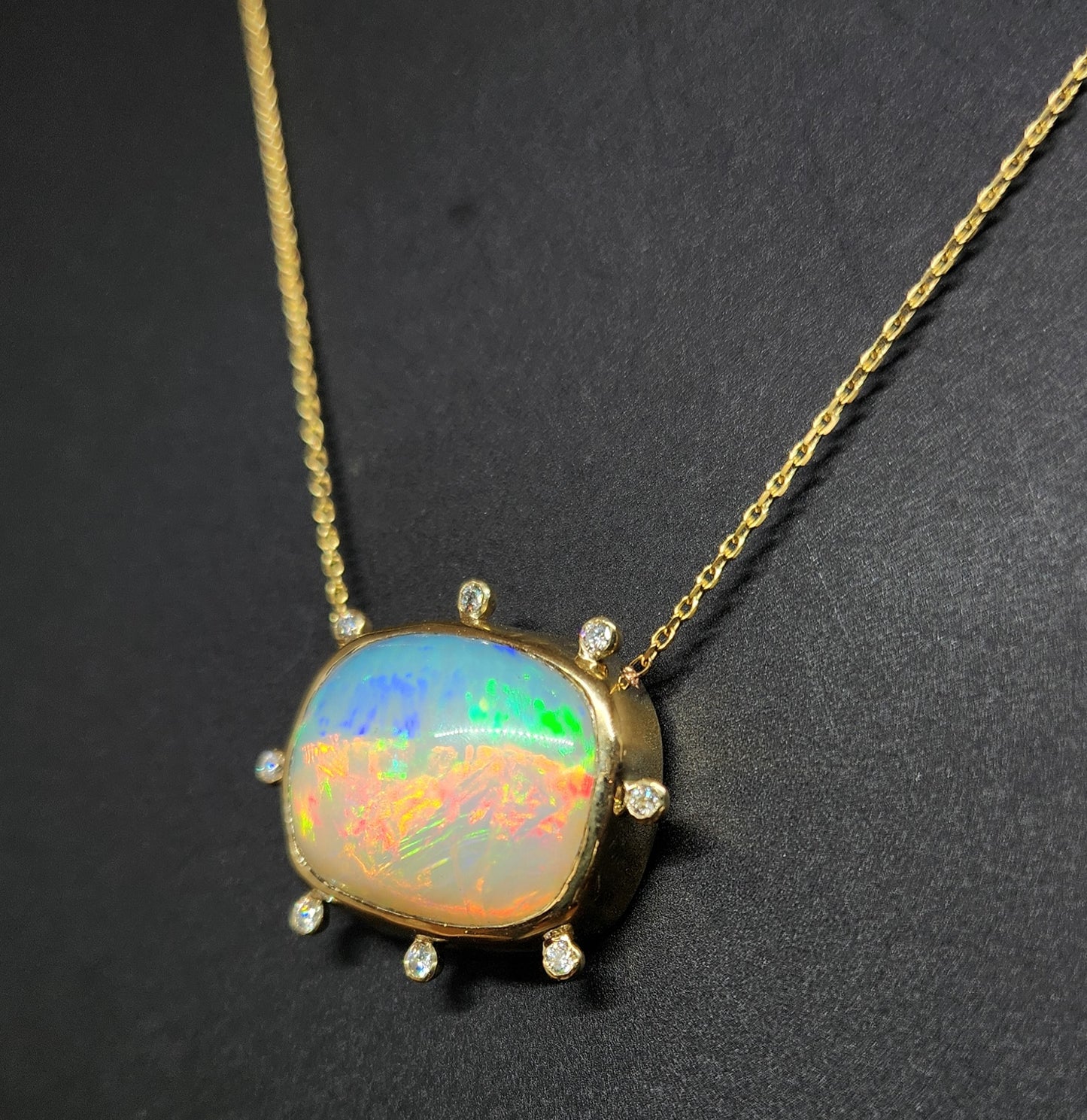 Opal & Diamond Pendant 14k Yellow Gold Split Chain Necklace #438