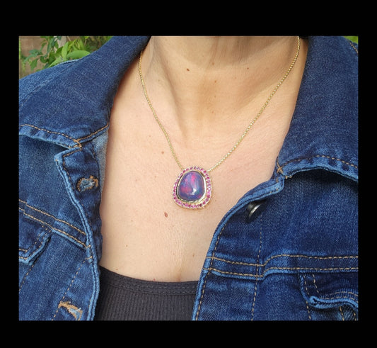 Black Opal & Ruby Pendant 14k Yellow Gold Necklace - Custom Order