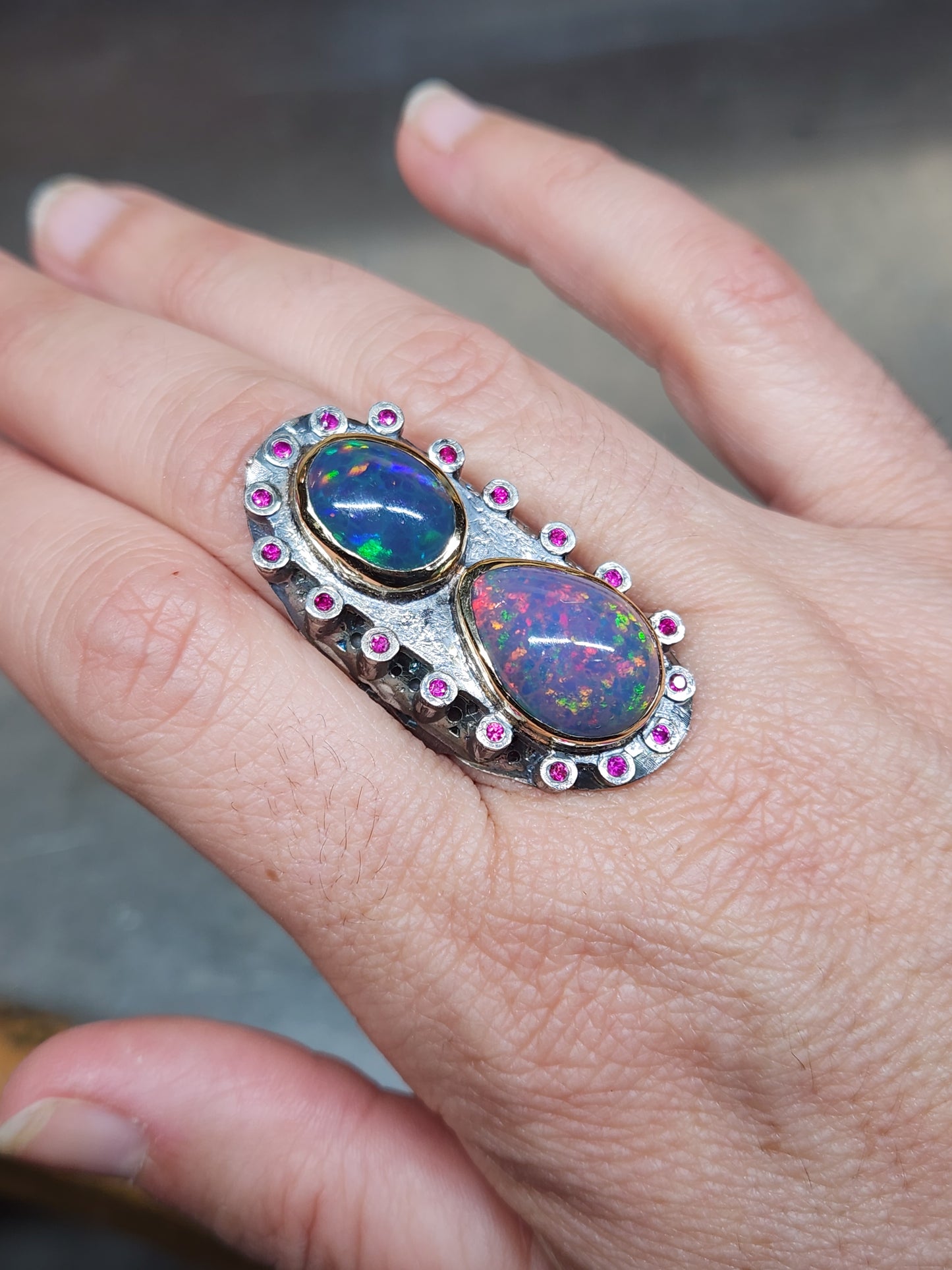 Opal & Ruby Rustic Sterling Silver & Gold Ring #588