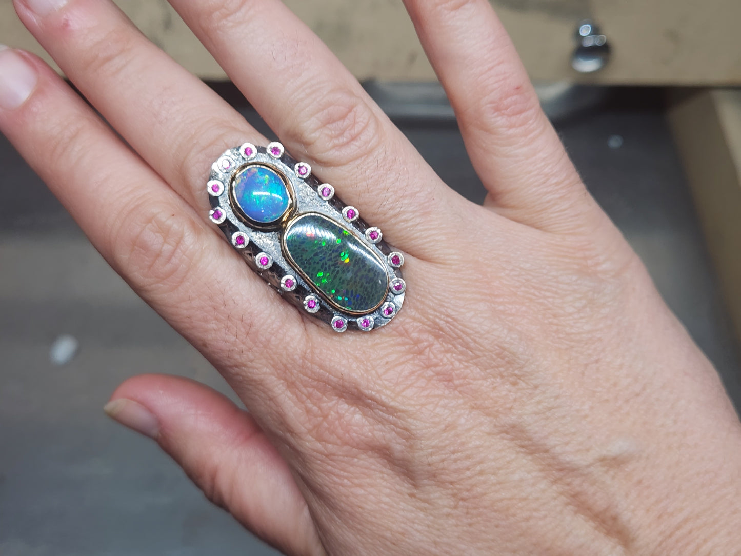 Opal & Ruby Rustic Sterling Silver & Gold Ring #587