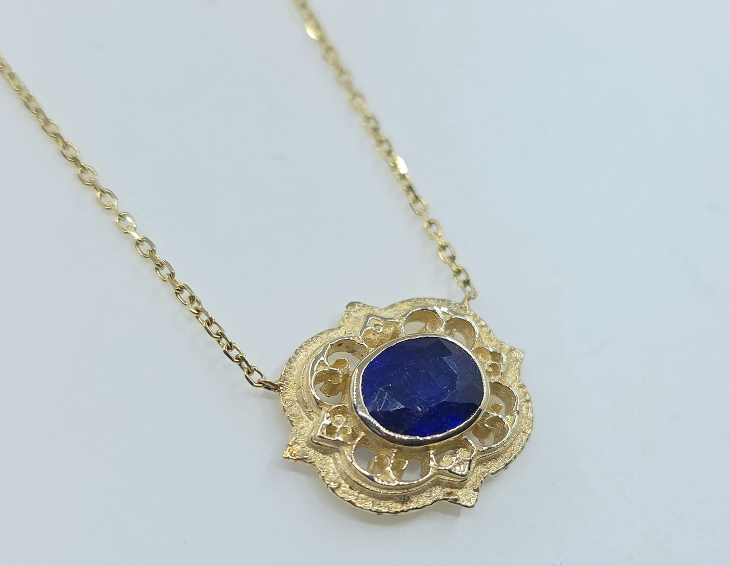 Blue Sapphire Pendant 14k Gold Gemstone Necklace Split Chain #632