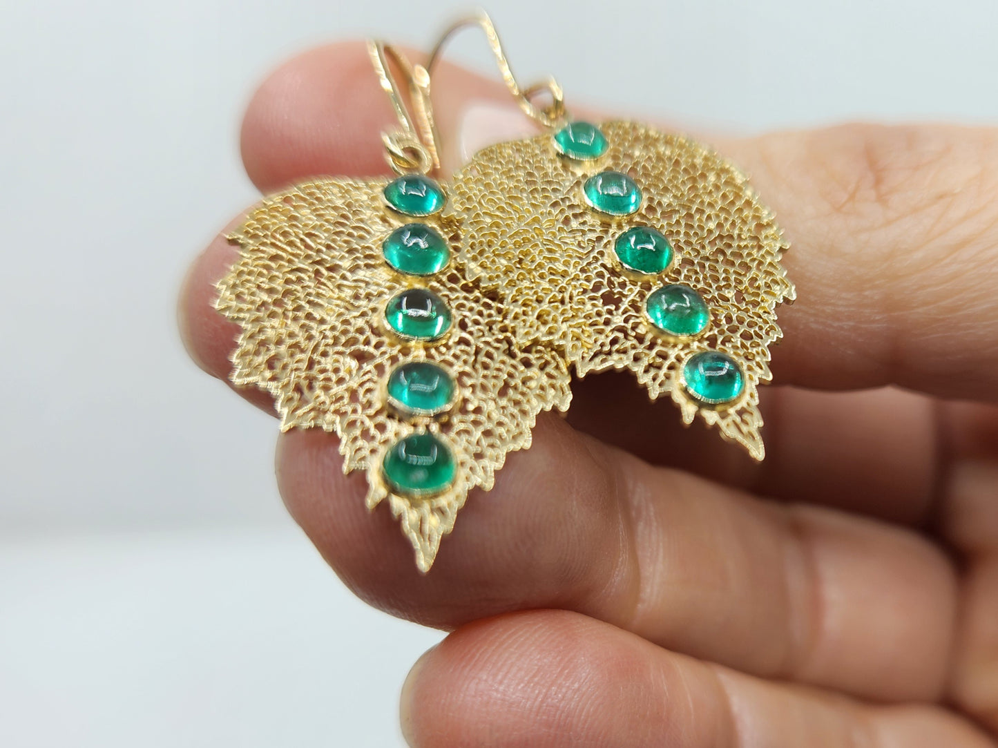 Emerald Leaf Earrings 14k Gold Gemstone Jewelry #463