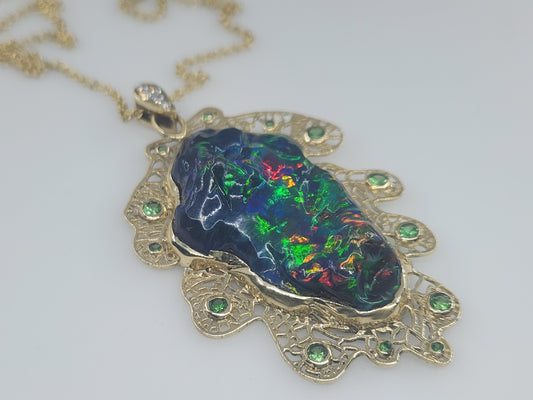 Carved Black Opal Oak Leaf Pendant 14k Gold Necklace #524