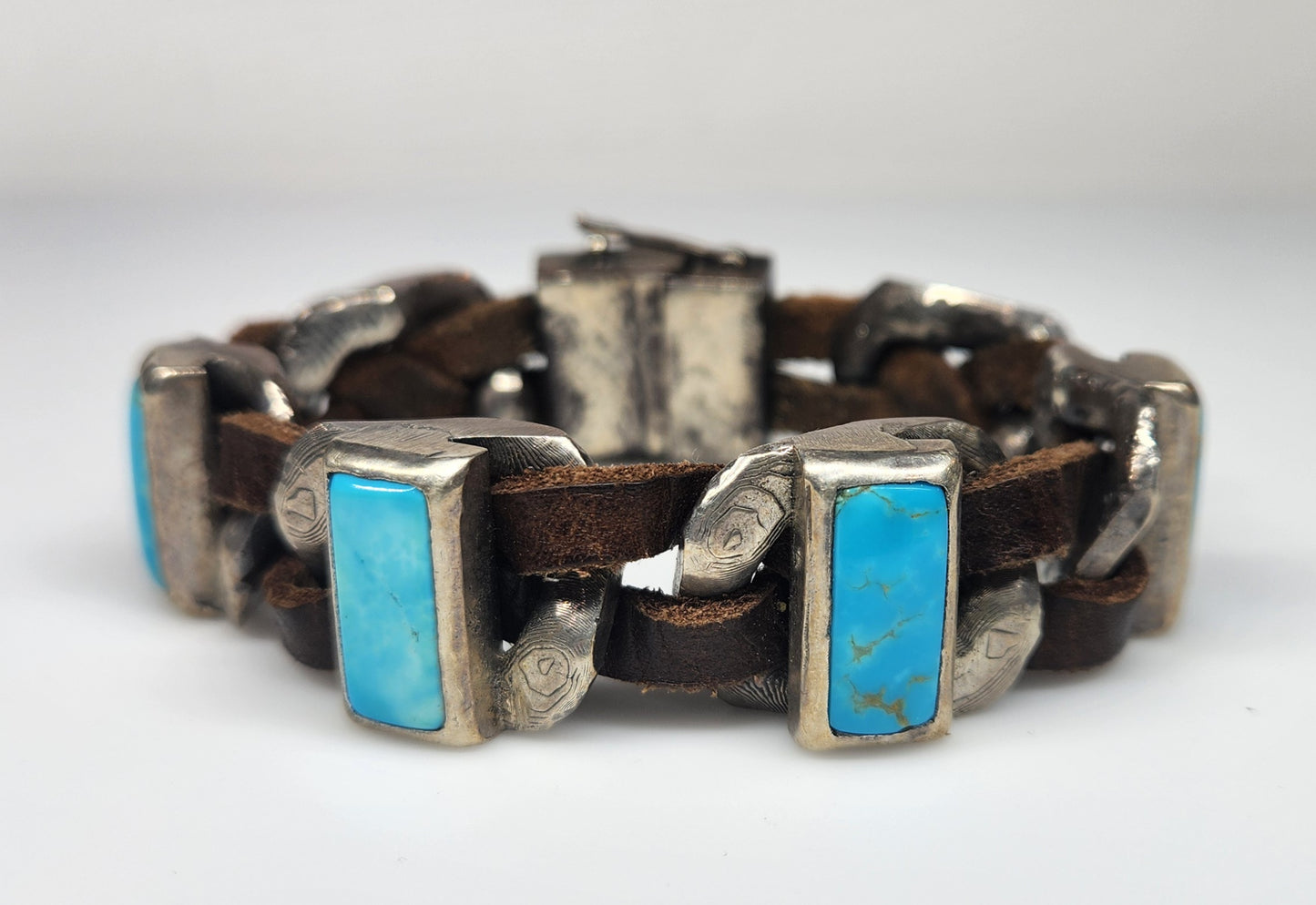 Rustic Silver & Leather Turquoise Gemstone Link Bracelet #459