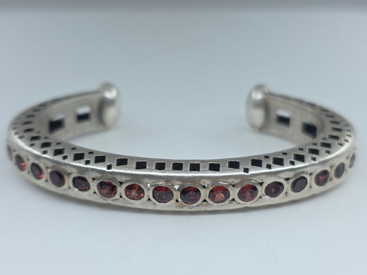 Rustic Sterling Silver Red Garnet Gemstone Cuff Bracelet #604