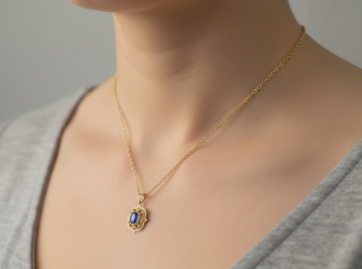 Blue Sapphire Pendant 14k Gold Gemstone Necklace #634