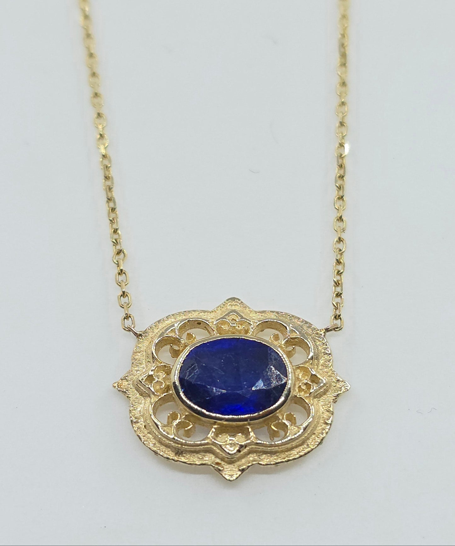 Blue Sapphire Pendant 14k Gold Gemstone Necklace Split Chain #632