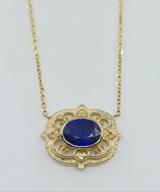 Blue Sapphire Pendant 14k Gold Gemstone Necklace Split Chain #632