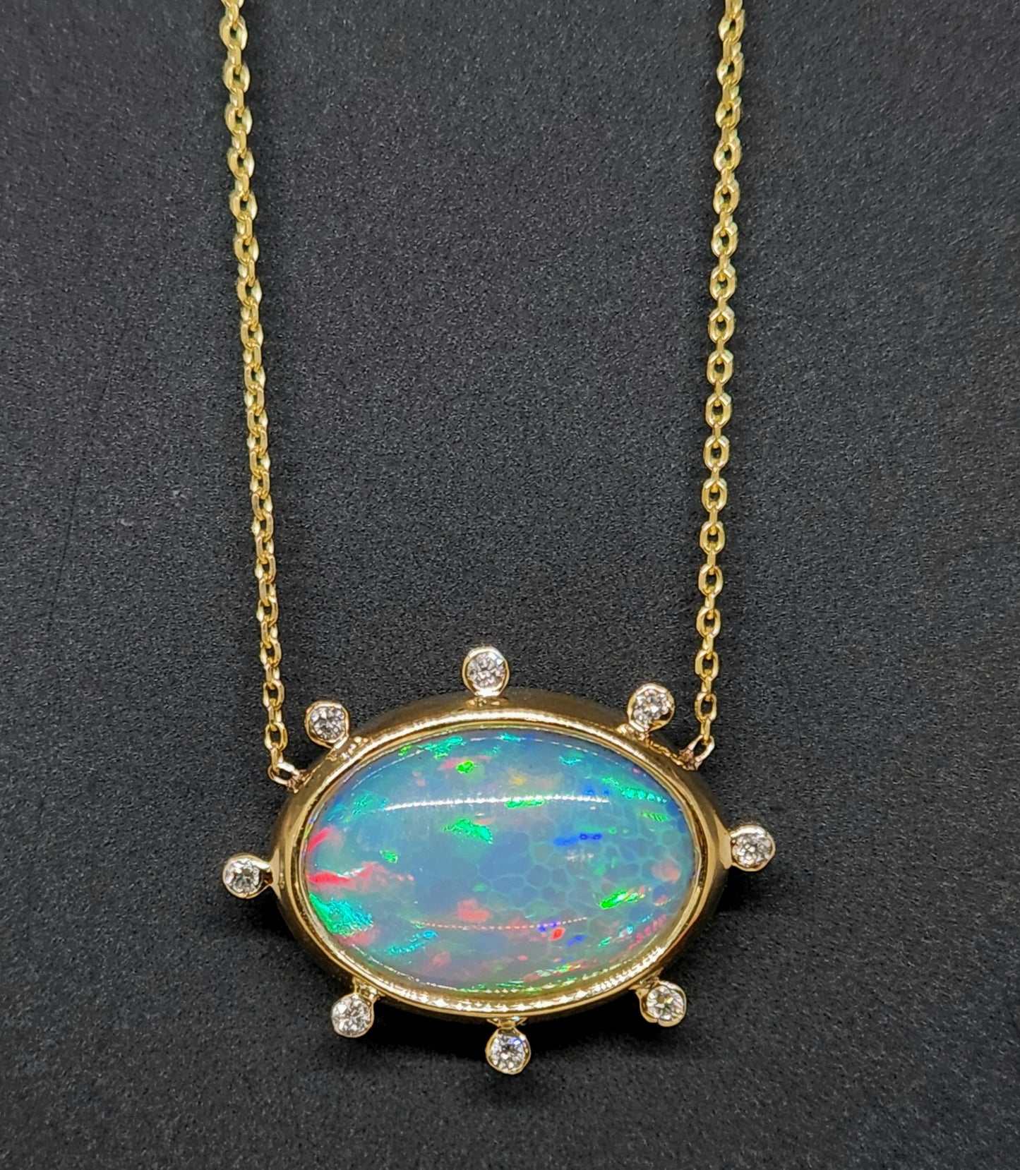 Opal & Diamond Pendant 14k Yellow Gold Split Chain Necklace #437