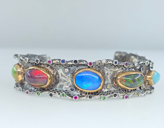 Rustic Silver & Gold Opal Gemstone Cuff Bracelet #601