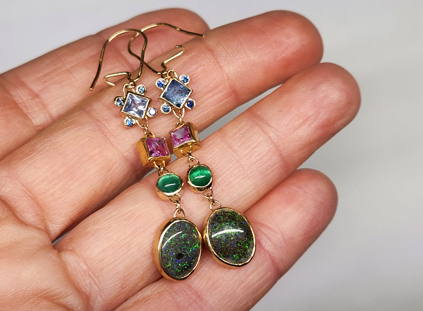 Black Opal & Sapphire Earrings 14k Gold #451