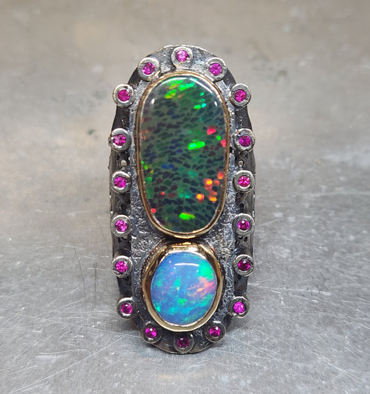 Opal & Ruby Rustic Sterling Silver & Gold Ring #587