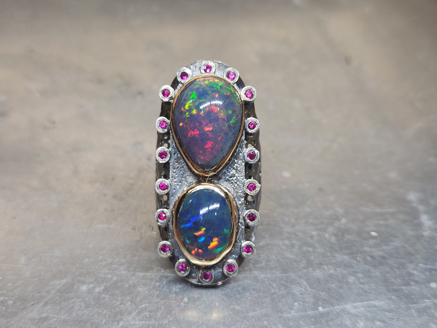 Opal & Ruby Rustic Sterling Silver & Gold Ring #588
