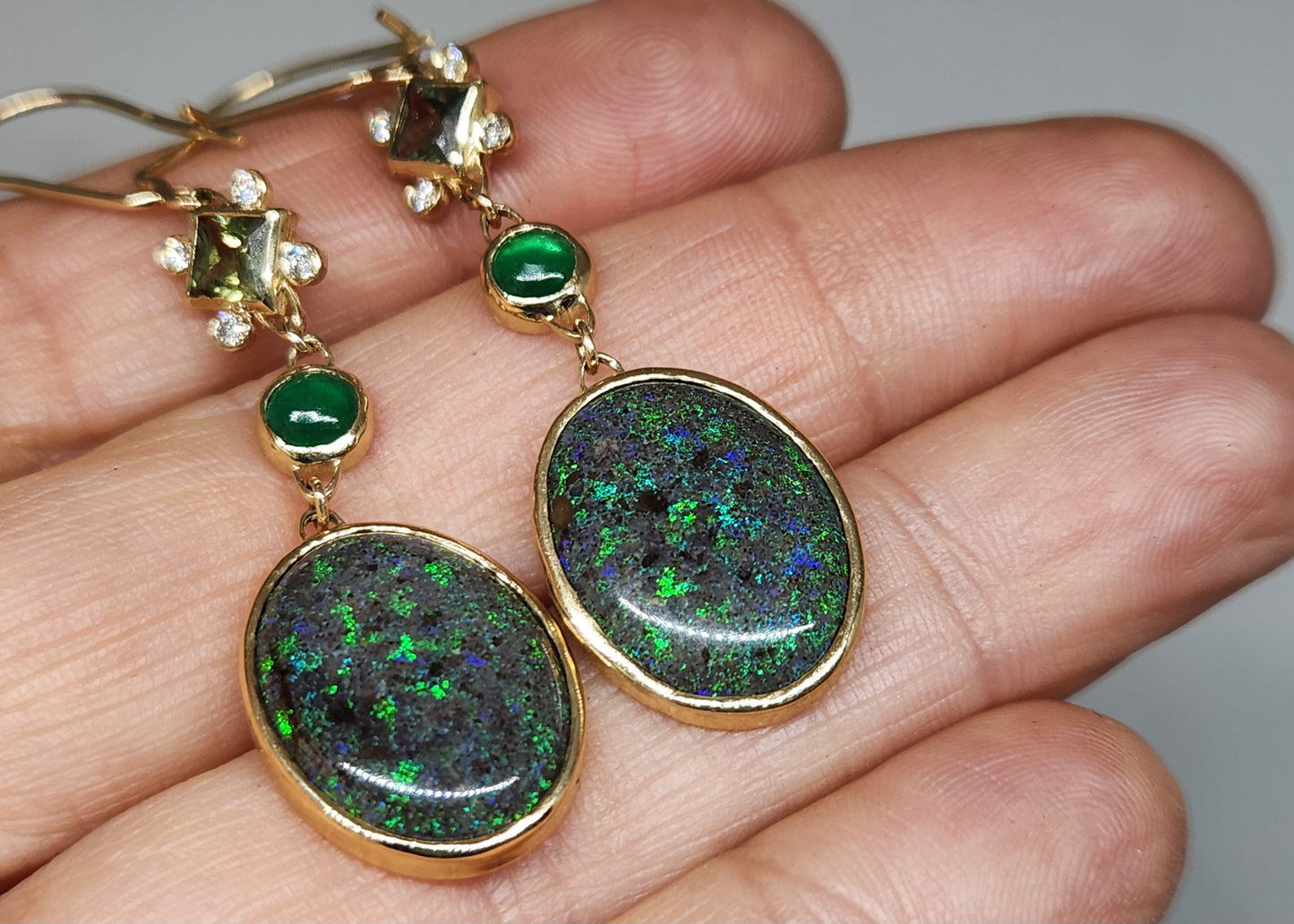 Black Opal & Emerald Earrings 14k Gold #447