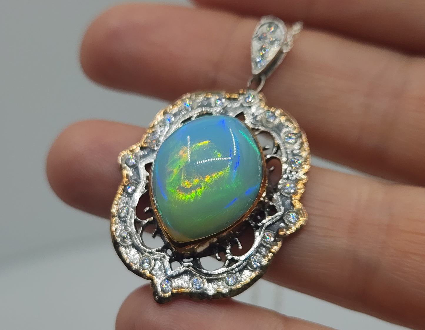 Rustic Sterling Silver & 14k Gold  Opal Pendant #486