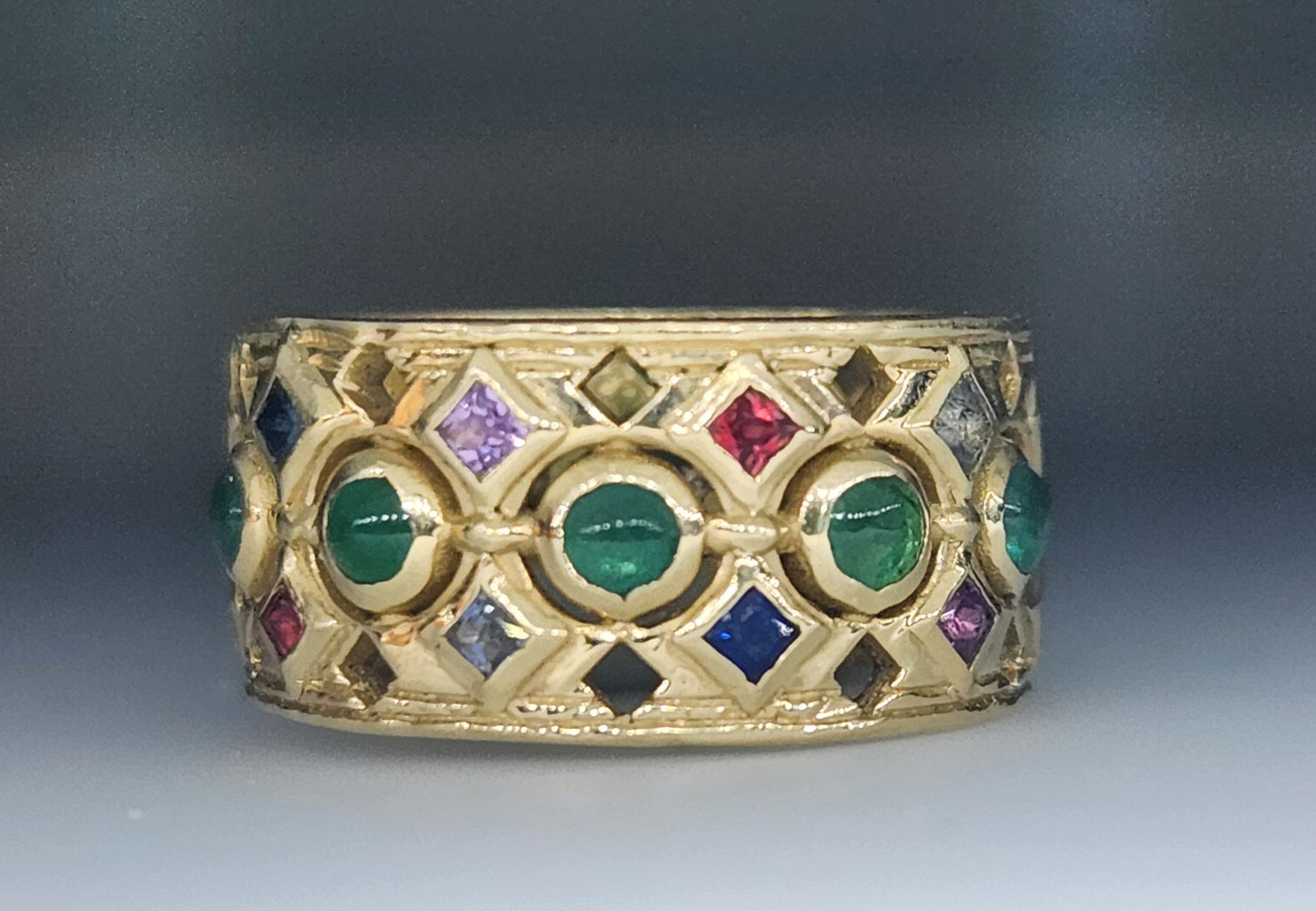 14k Yellow Gold Emerald & Sapphire Gemstone Ring Band #444