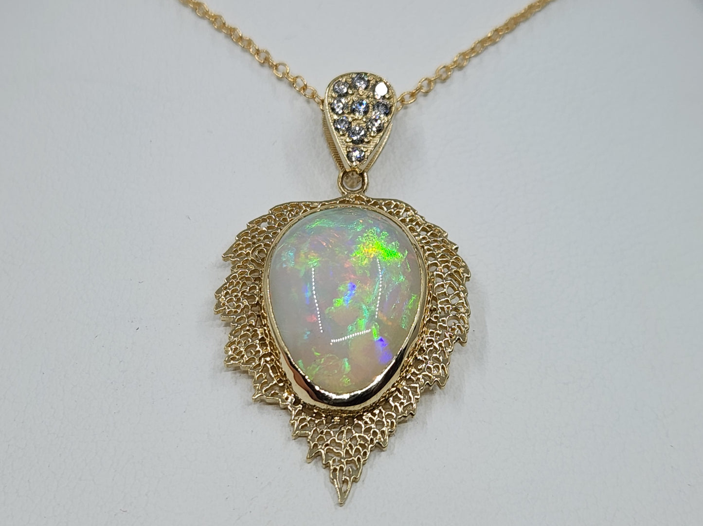Natural Opal Leaf Pendant 14k Gold Necklace #476
