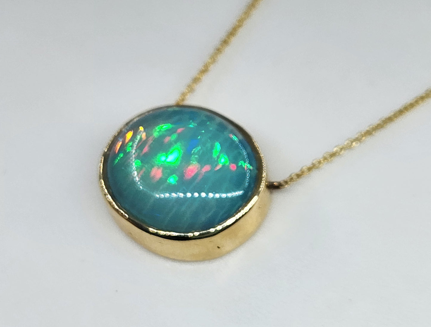 Blue Opal Pendant 14k Yellow Gold Split Chain Necklace #470