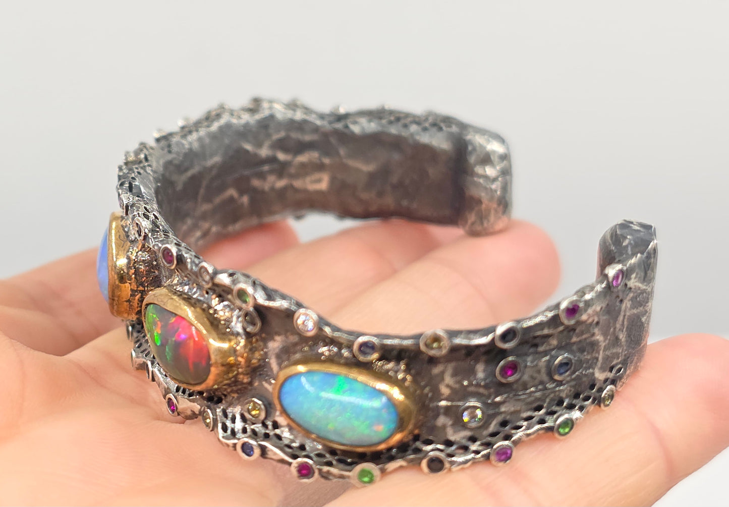 Rustic Silver & Gold Opal Gemstone Cuff Bracelet #601