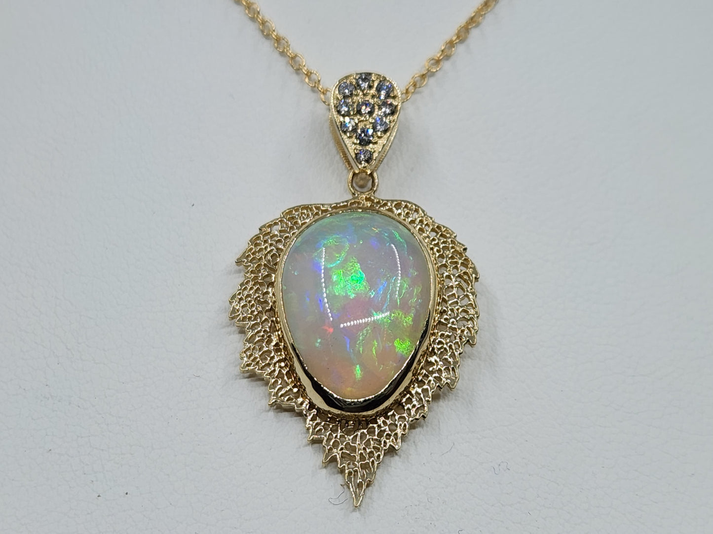 Natural Opal Leaf Pendant 14k Gold Necklace #476