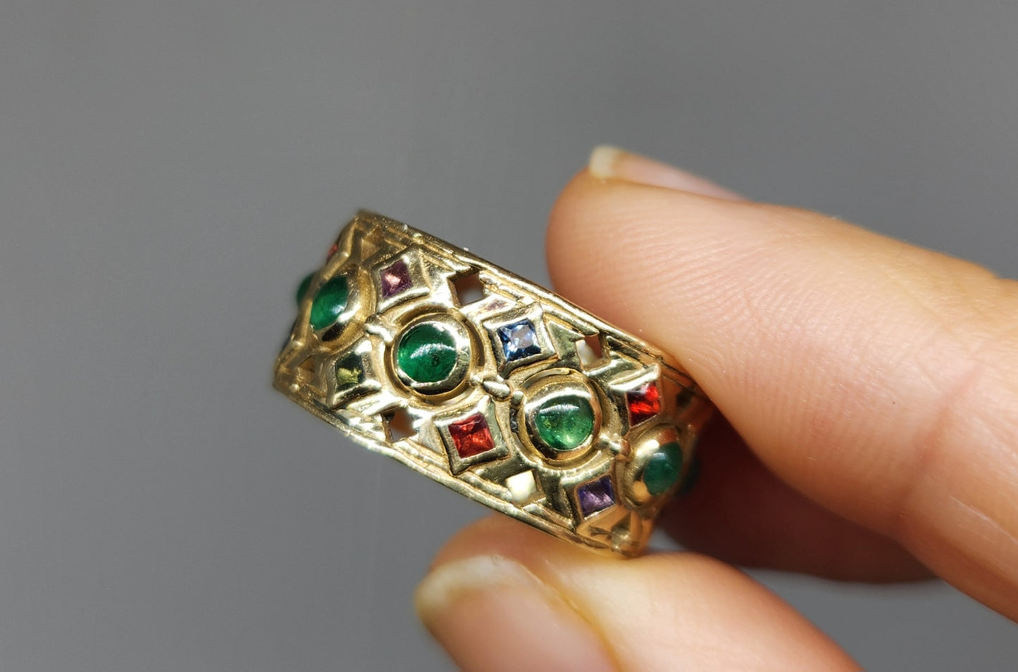 14k Yellow Gold Emerald & Sapphire Gemstone Ring Band #444