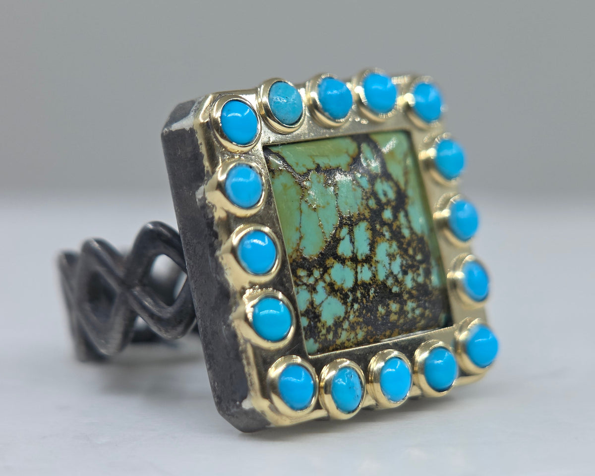 Turquoise Rustic Sterling Silver & Gold Ring #689