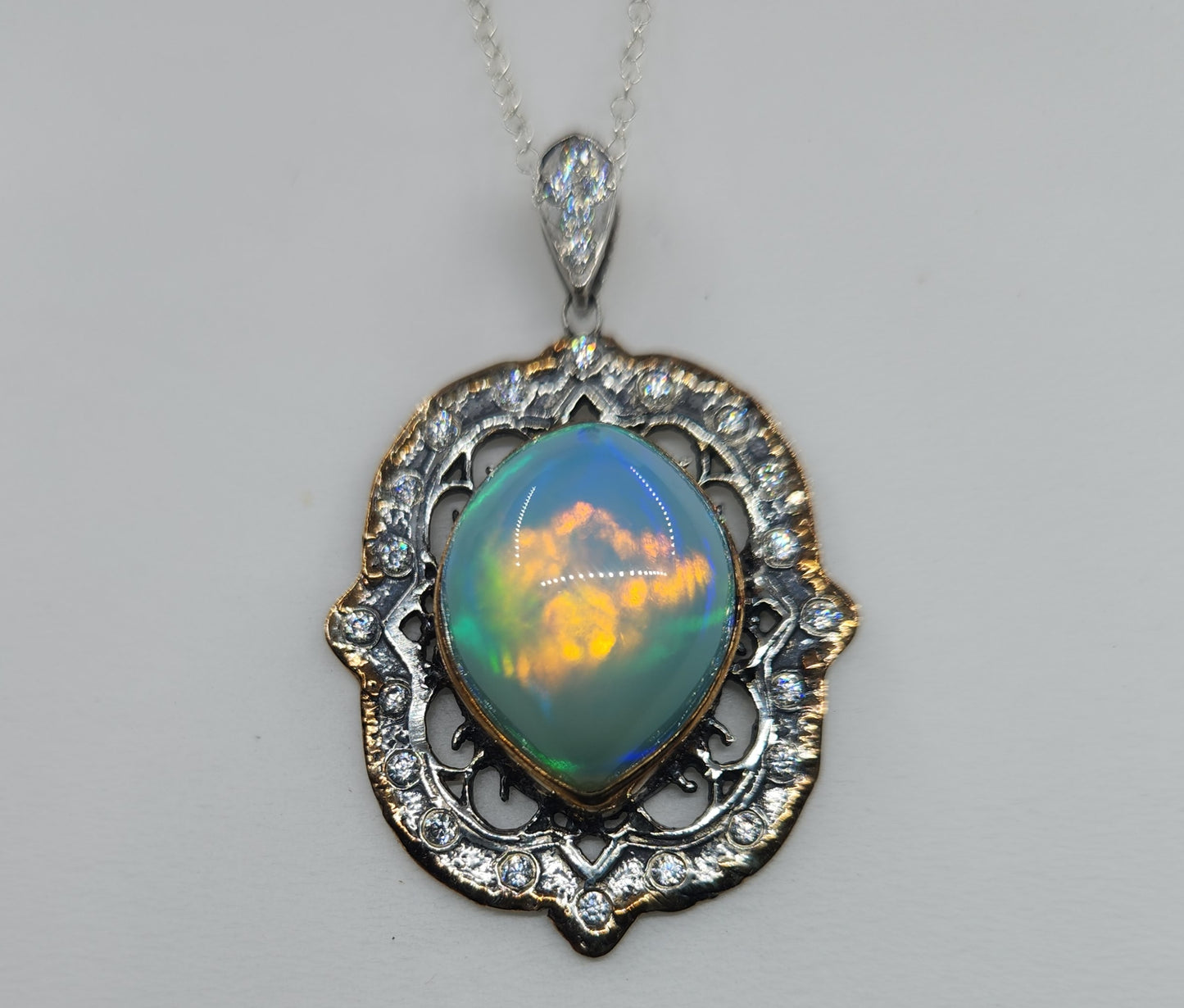 Rustic Sterling Silver & 14k Gold  Opal Pendant #486