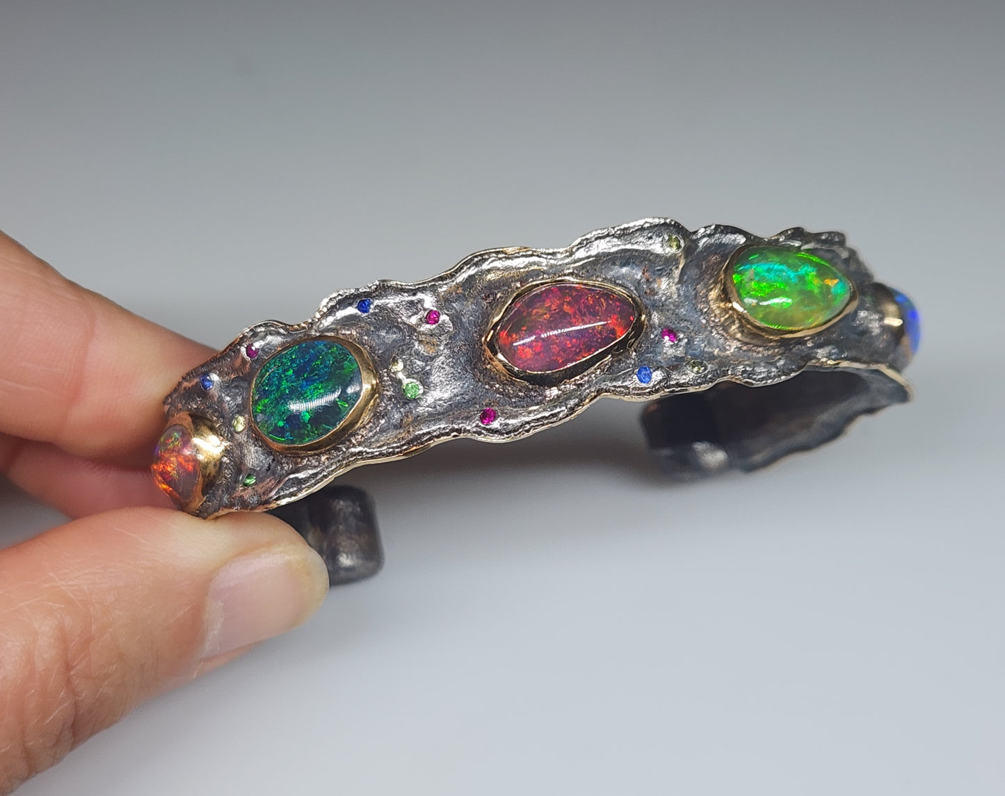 Rustic Silver & Gold Opal Gemstone Cuff Bracelet #586