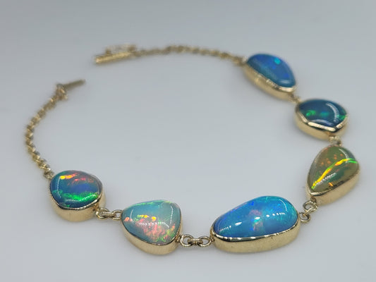 Natural Opals Gemstone Link Bracelet 14k Gold Jewelry #511