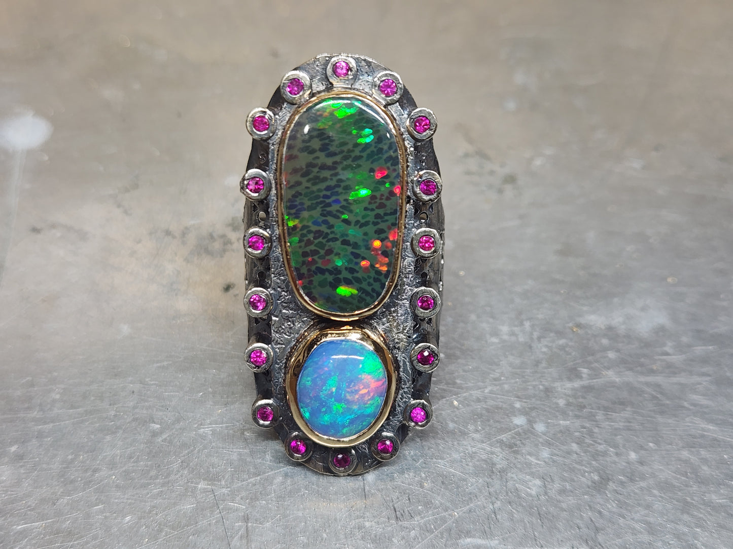 Opal & Ruby Rustic Sterling Silver & Gold Ring #587