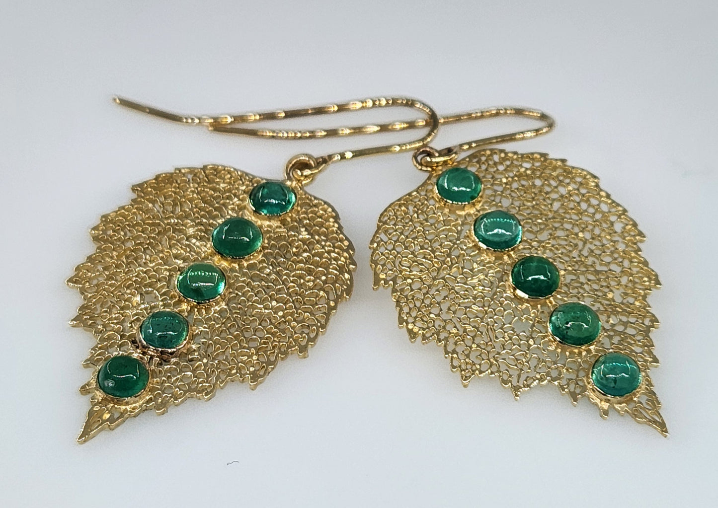 Emerald Leaf Earrings 14k Gold Gemstone Jewelry #463