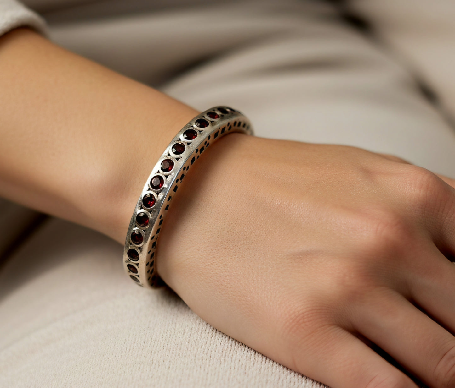 Rustic Sterling Silver Red Garnet Gemstone Cuff Bracelet #604