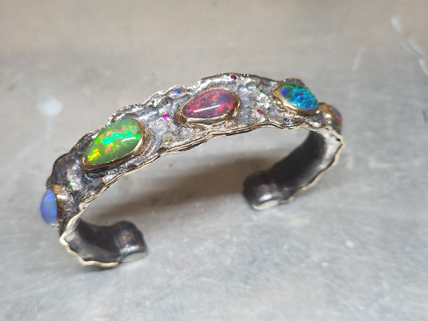 Rustic Silver & Gold Opal Gemstone Cuff Bracelet #586