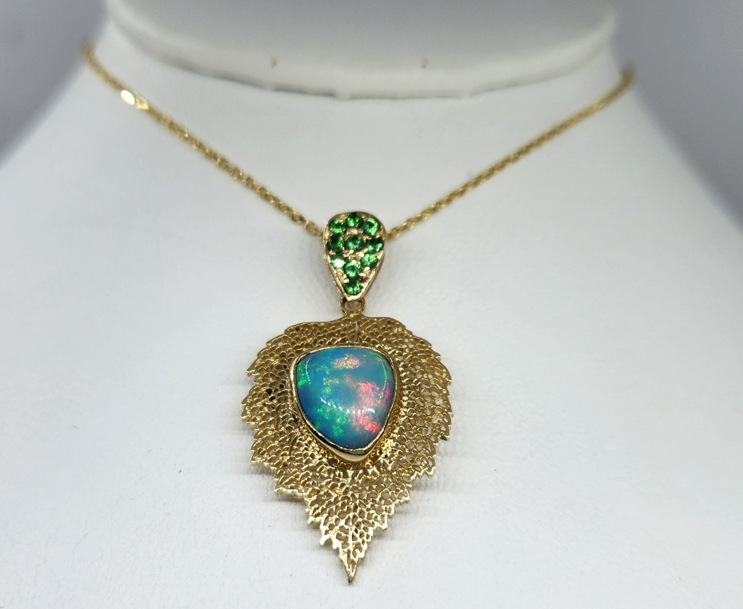 Opal Leaf Pendant 14k Gold Necklace #465