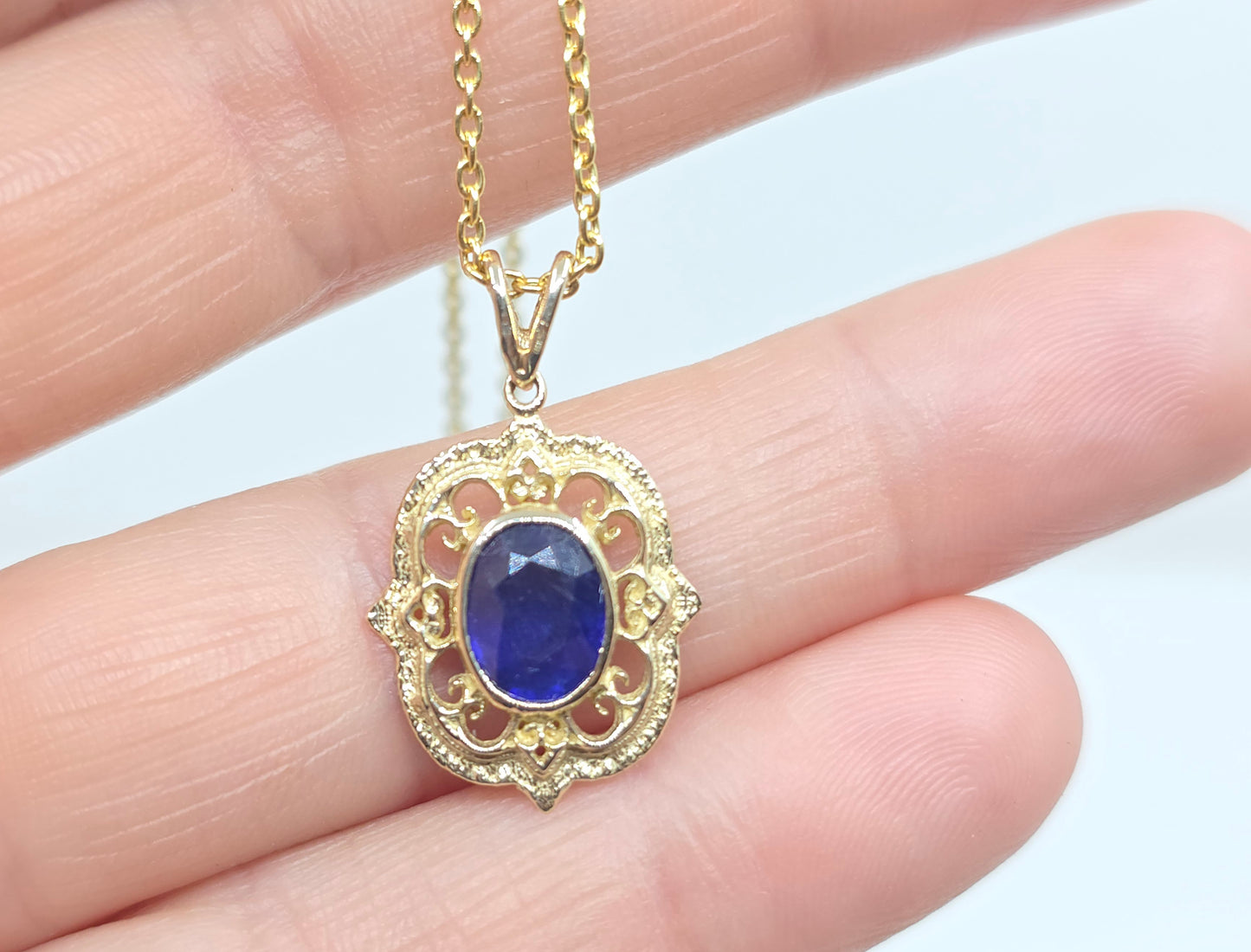 Blue Sapphire Pendant 14k Gold Gemstone Necklace #634