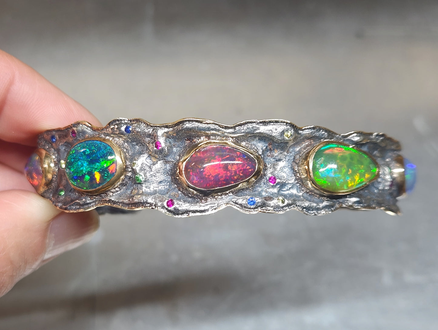 Rustic Silver & Gold Opal Gemstone Cuff Bracelet #586
