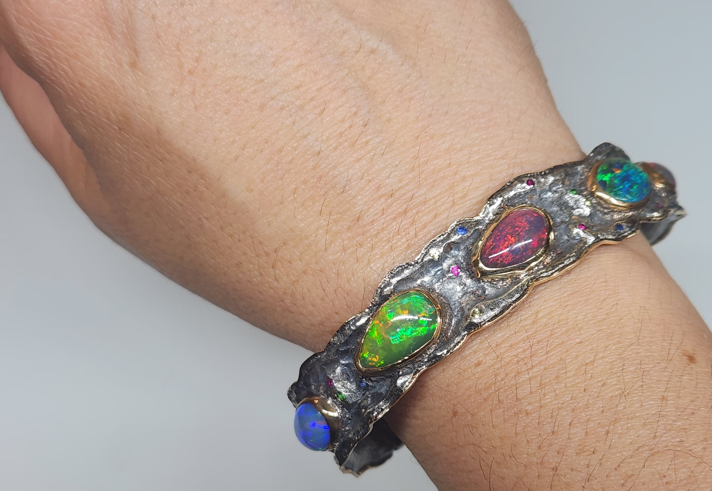 Rustic Silver & Gold Opal Gemstone Cuff Bracelet #586