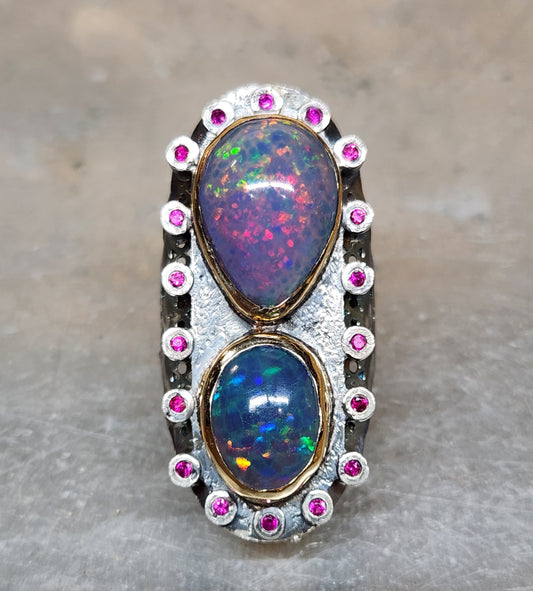 Opal & Ruby Rustic Sterling Silver & Gold Ring #588