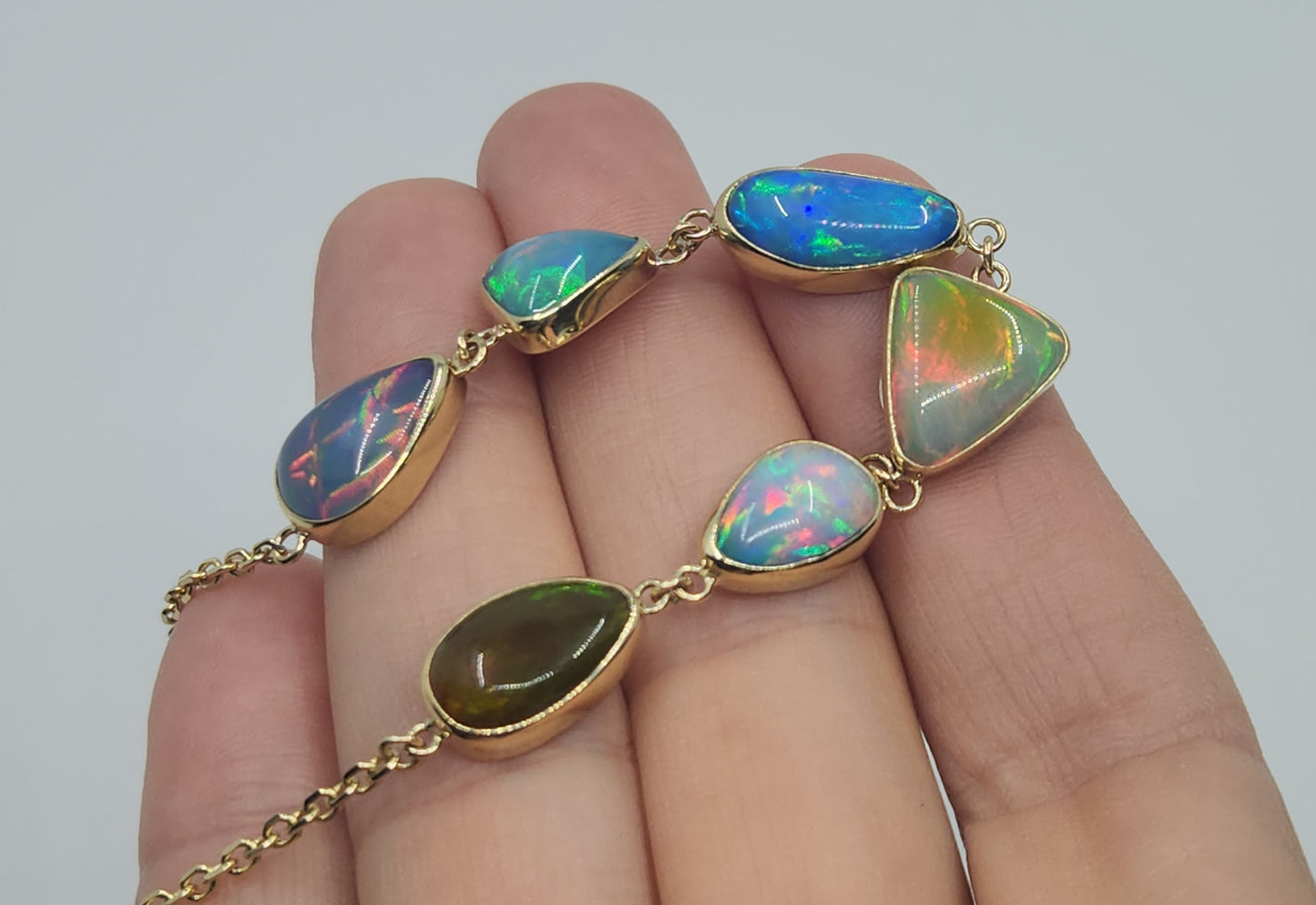 Natural Opals Gemstone Link Bracelet 14k Gold Jewelry #510