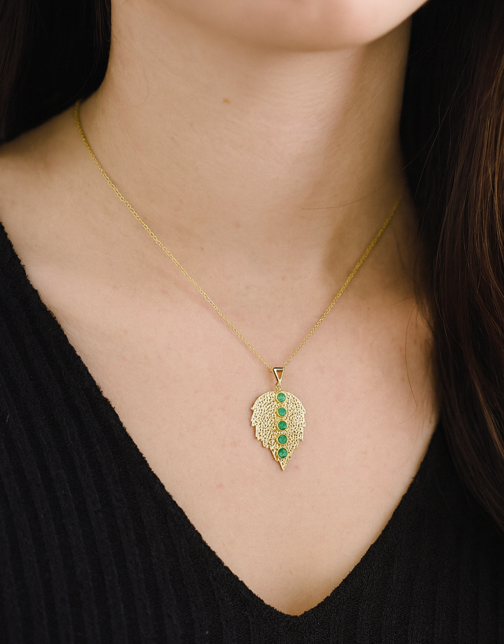 Emerald Leaf Pendant 14k Gold Gemstone Jewelry #636