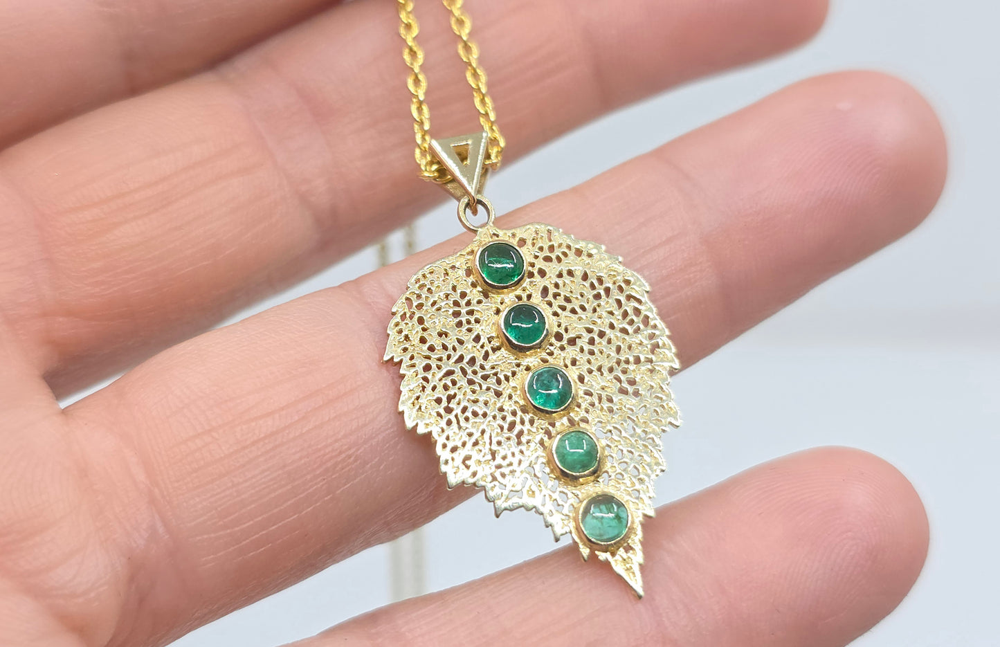 Emerald Leaf Pendant 14k Gold Gemstone Jewelry #636