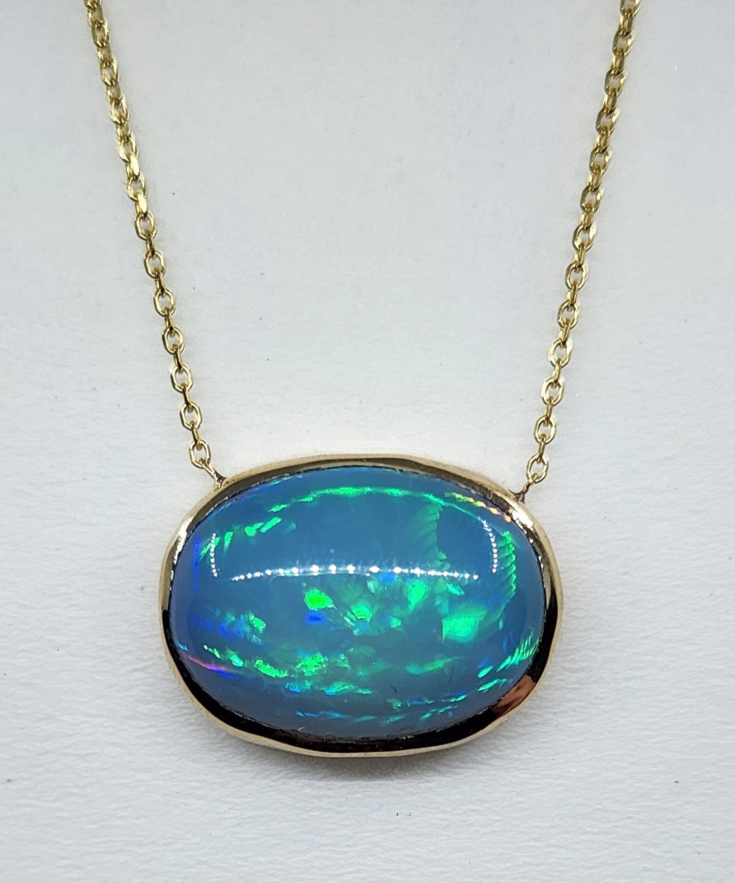 Blue Opal Pendant 14k Yellow Gold Split Chain Necklace #469