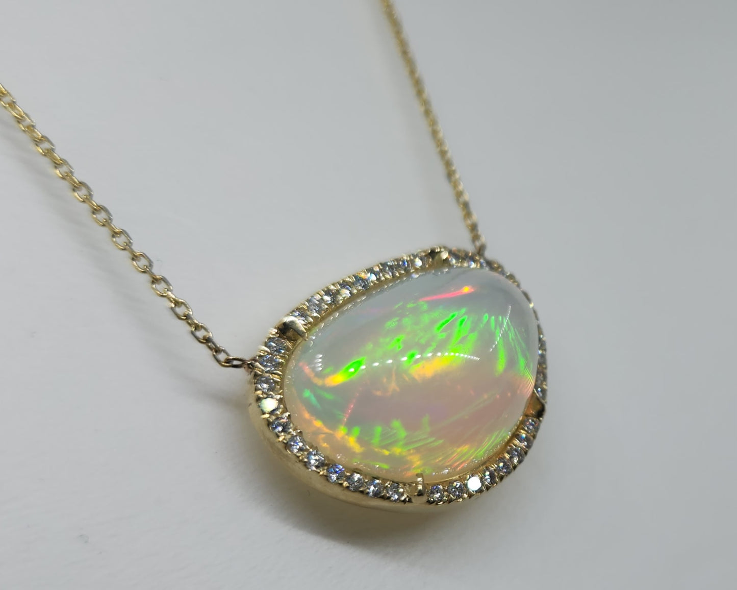 Opal & Diamond Pendant 14k Yellow Gold Split Chain Necklace #475