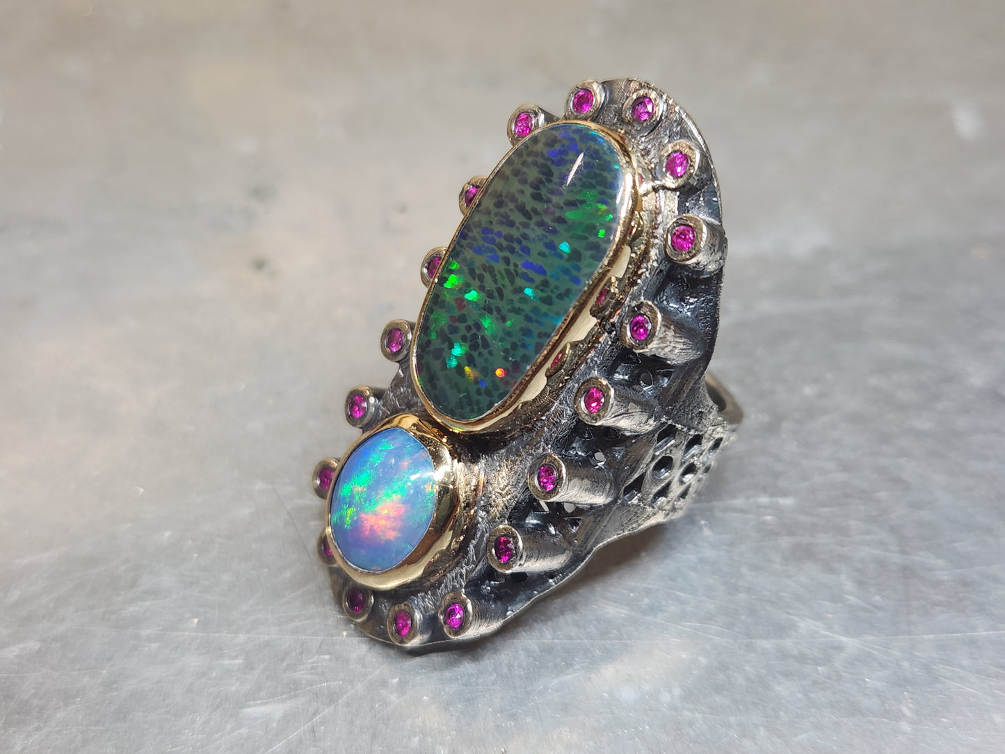 Opal & Ruby Rustic Sterling Silver & Gold Ring #587
