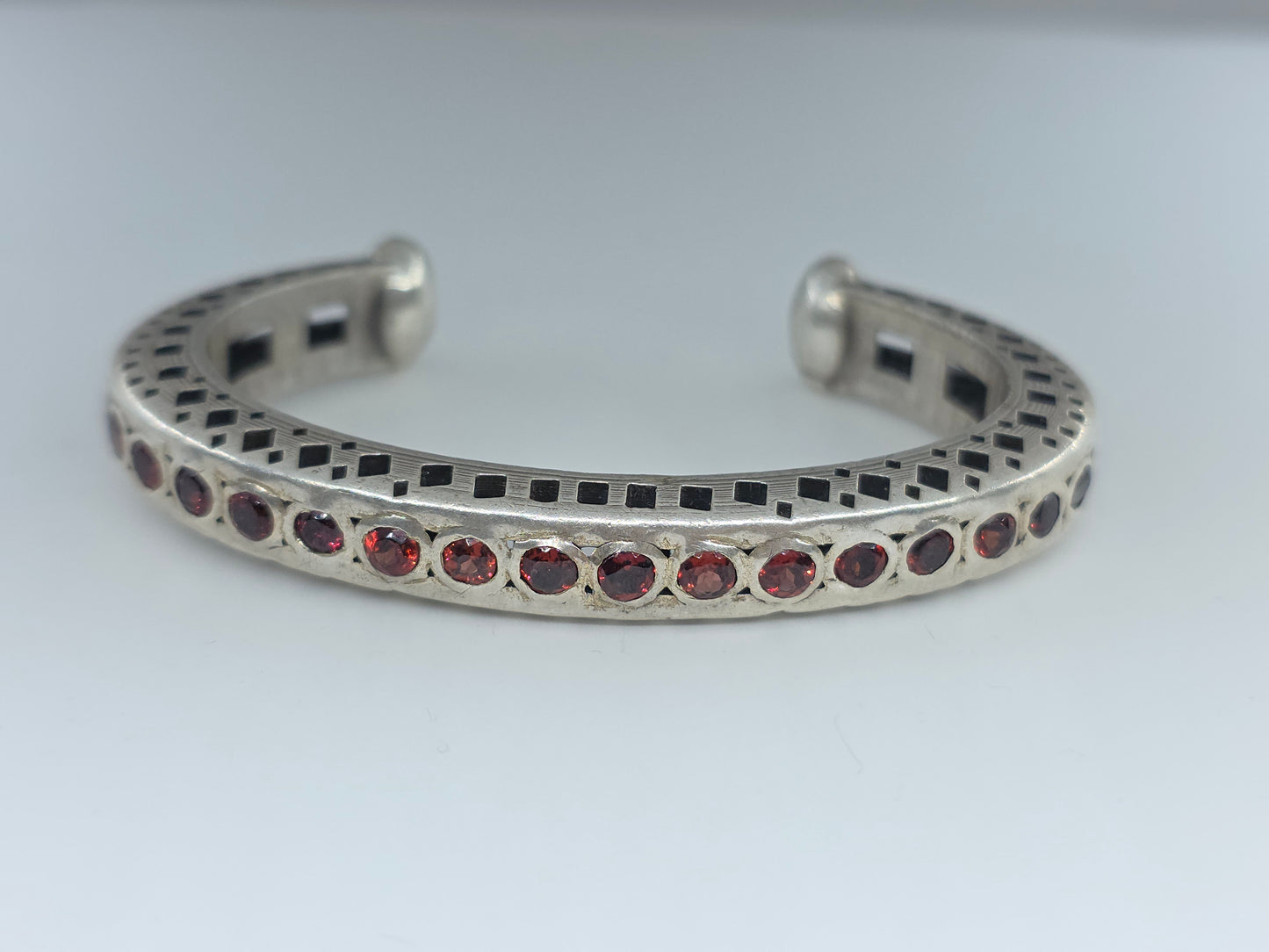 Rustic Sterling Silver Red Garnet Gemstone Cuff Bracelet #604