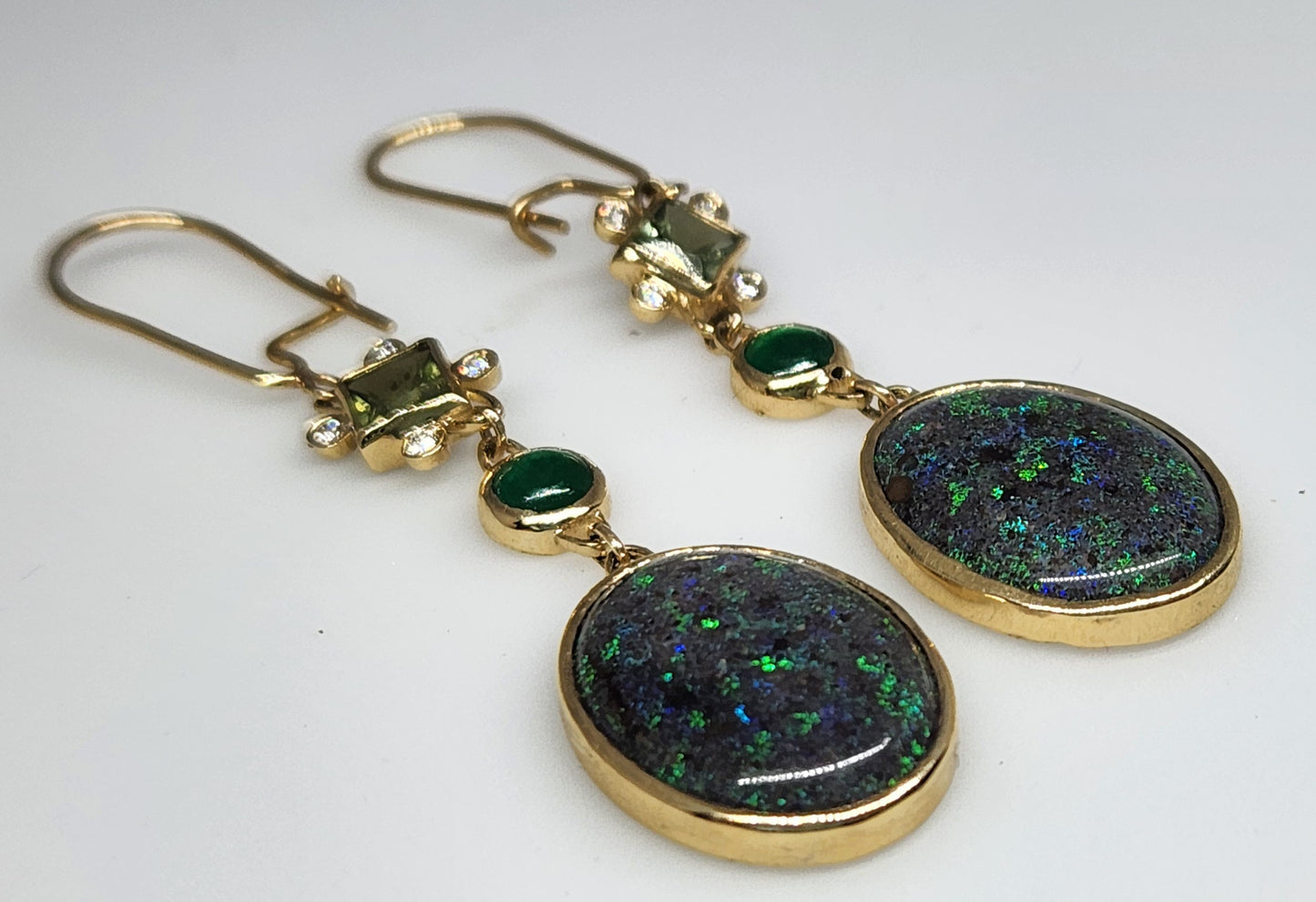 Black Opal & Emerald Earrings 14k Gold #447