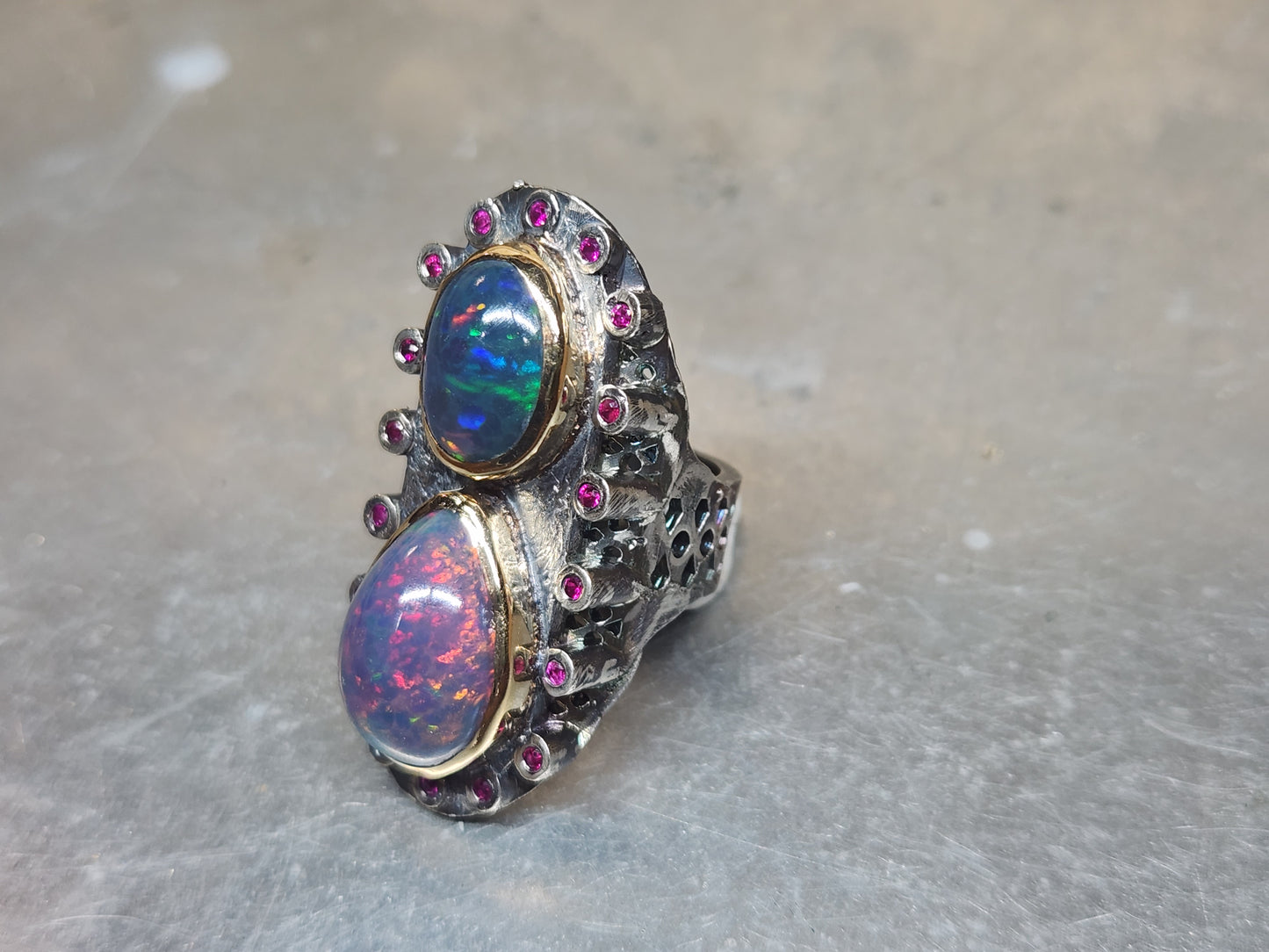 Opal & Ruby Rustic Sterling Silver & Gold Ring #588