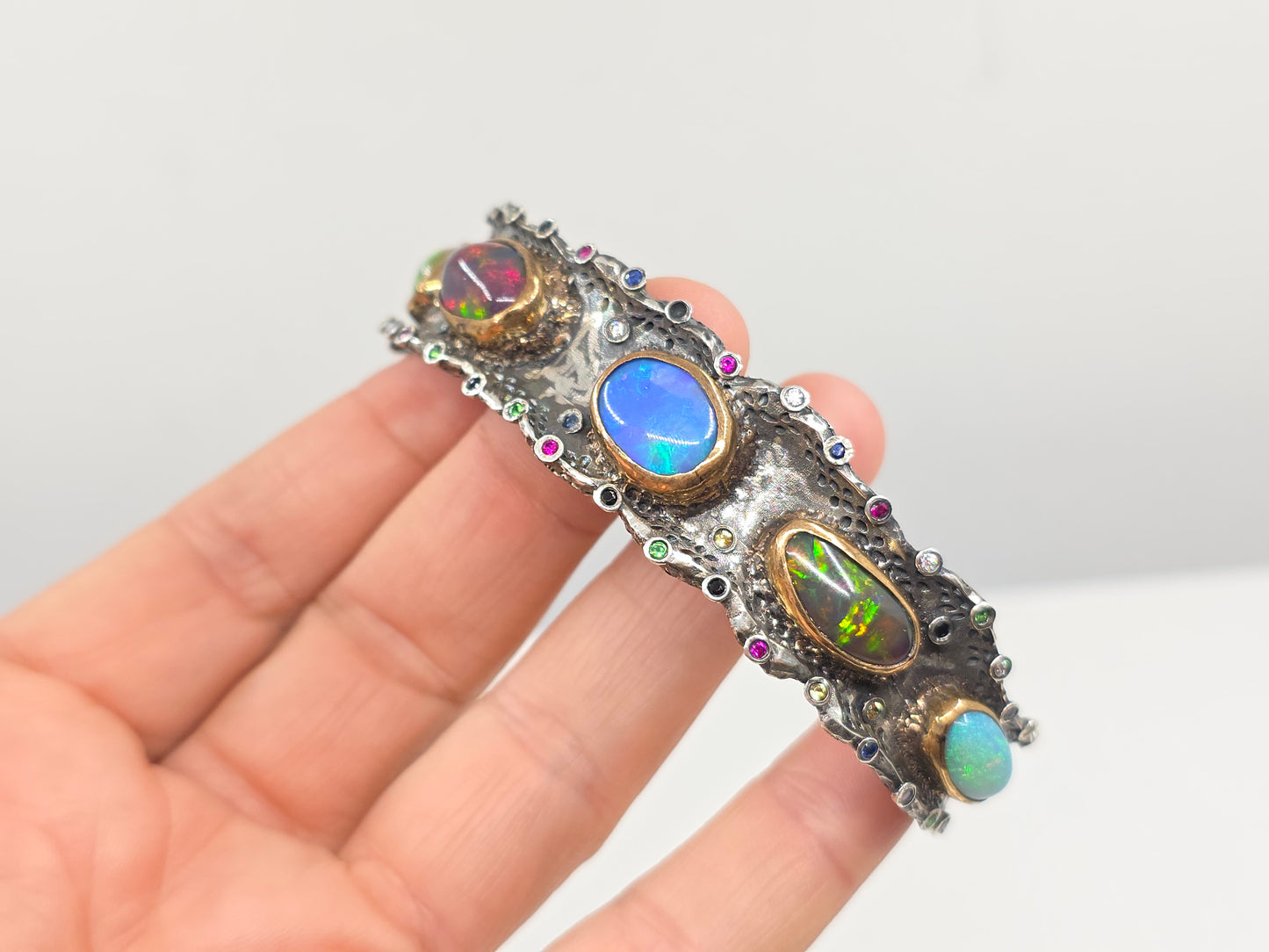 Rustic Silver & Gold Opal Gemstone Cuff Bracelet #601