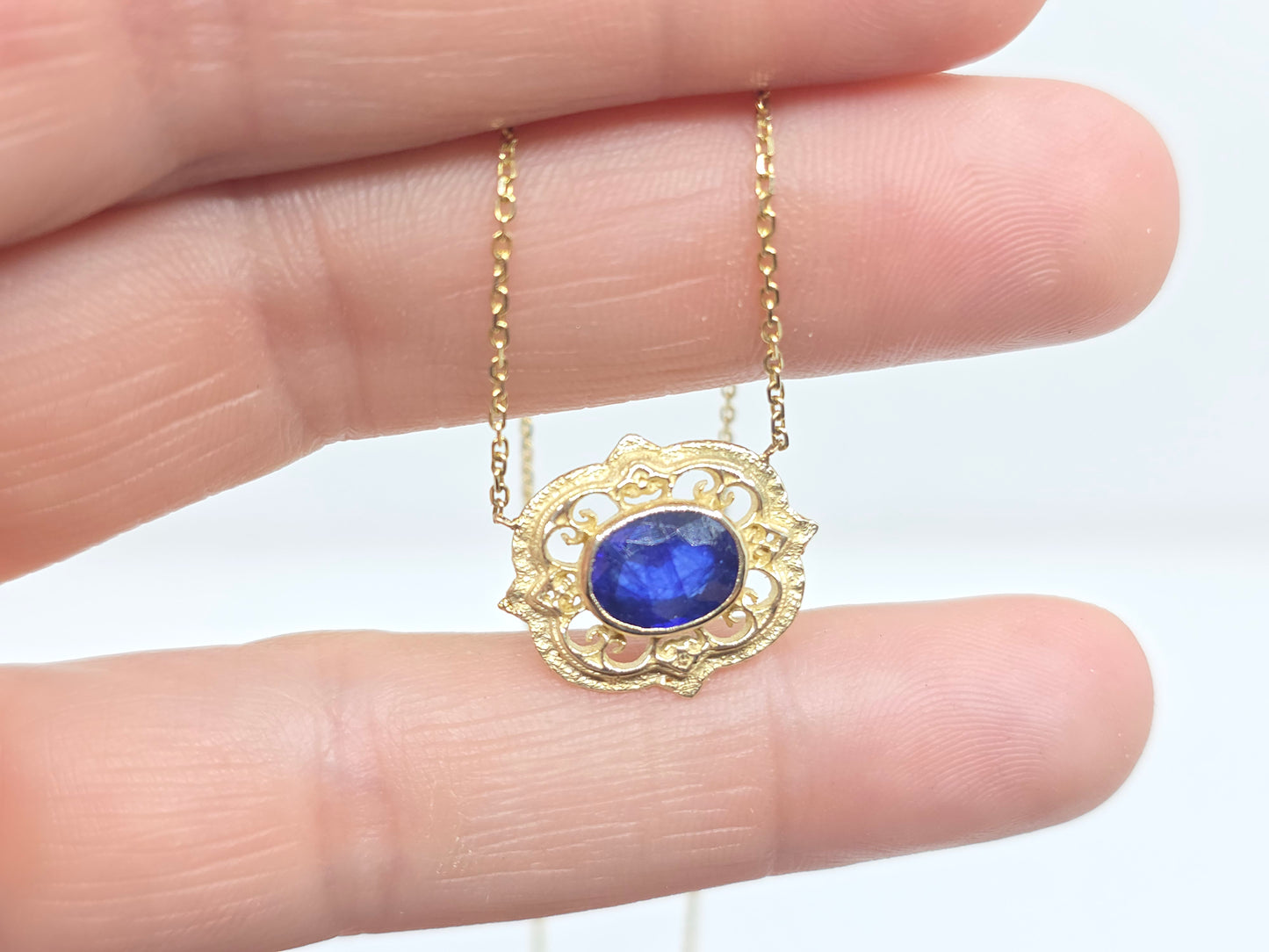Blue Sapphire Pendant 14k Gold Gemstone Necklace Split Chain #632