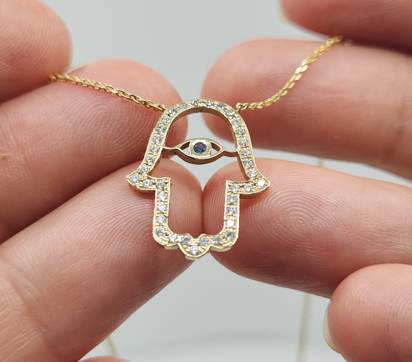 14k Gold Hamsa Evil Eye Diamond Pendant #485